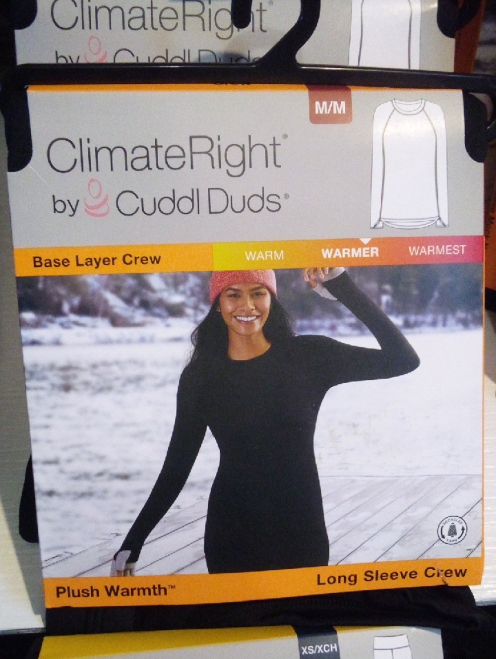 Cuddl Duds Crew Neck Black Long Sleeve Base Layer Plush Warmth Yes- Thumb Holes